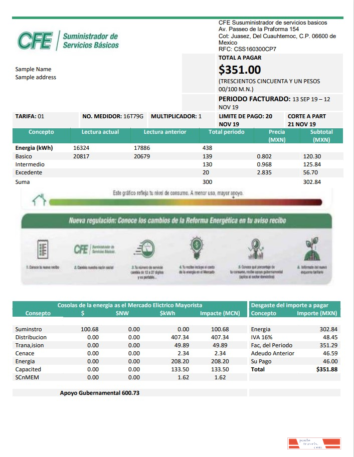Mexico Electricity CFE utility bill template in Word and PDF format, fully editable
